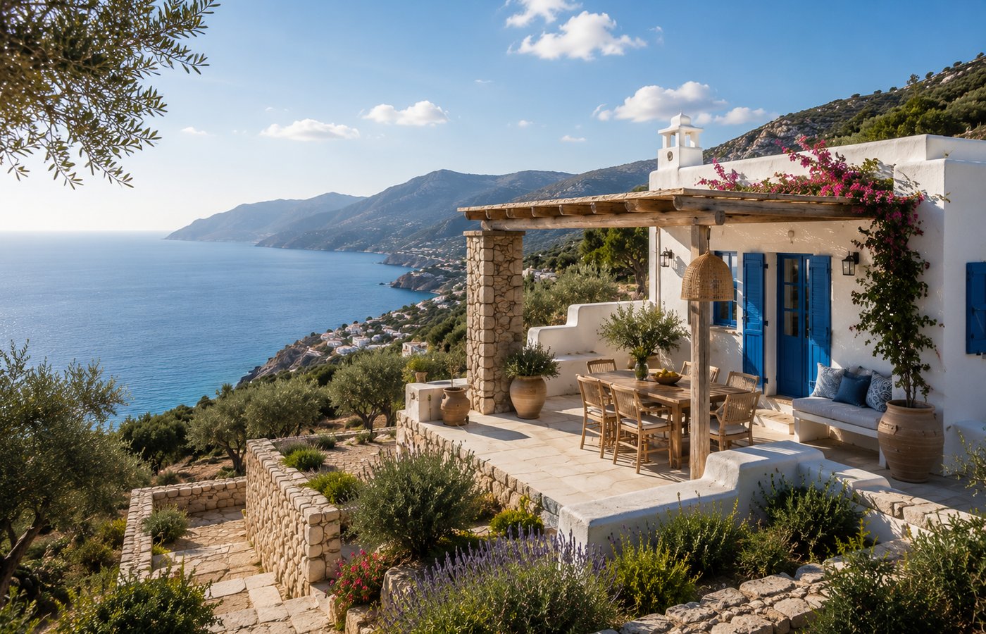 Weißes Haus auf Kreta mit Meerblick